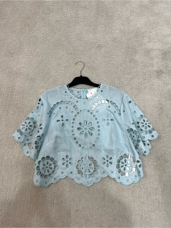 Zimmermann Tops - Zimmermann Pale Blue Eyelet Linen Crop Top